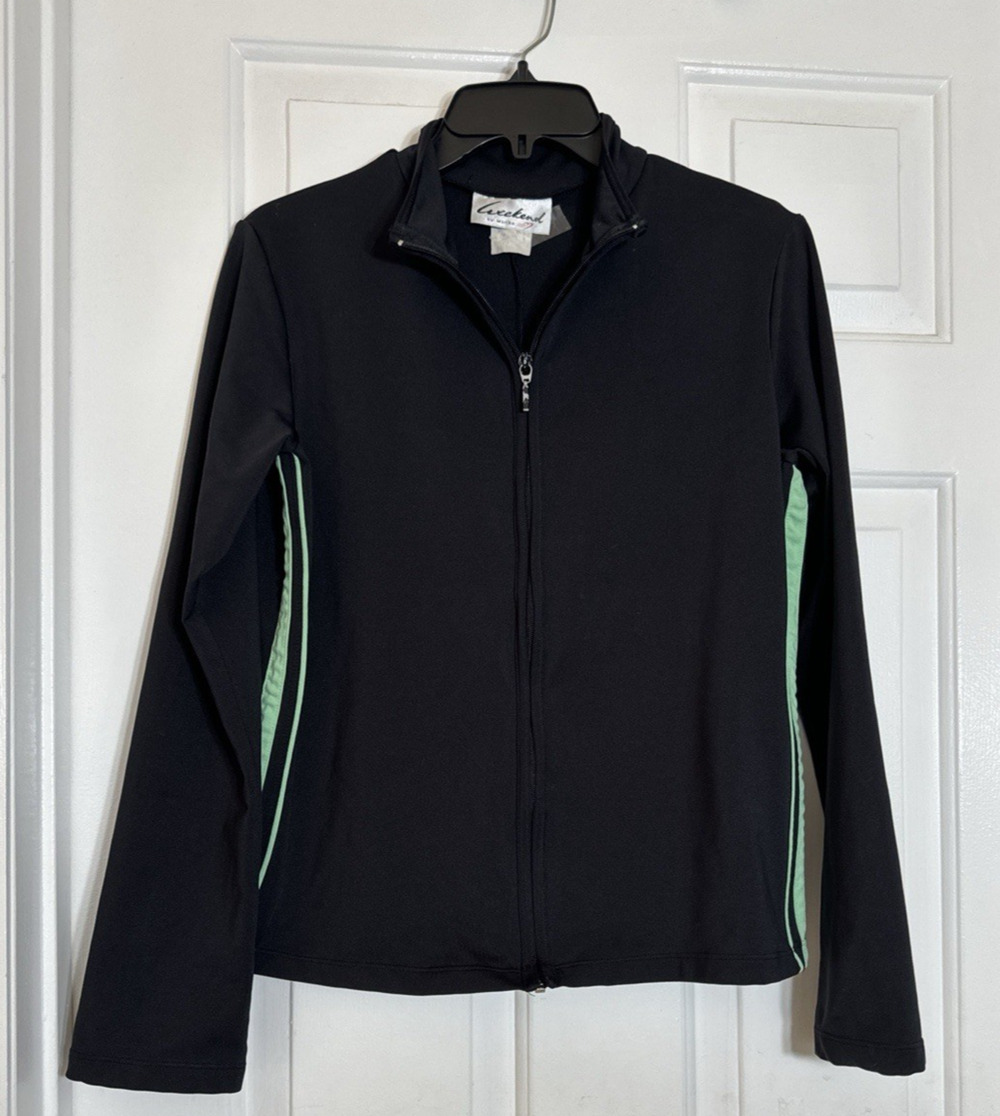 VTG Y2K Marika Track Jacket Black/Lime Green Trim Full Zip Mock Neck Athleisure